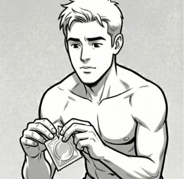 cartoon male opening condom