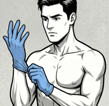 male cartoon putting on blue latex gloves