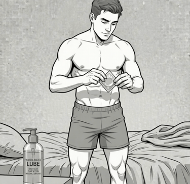 cartoon male in his underwear opening condom