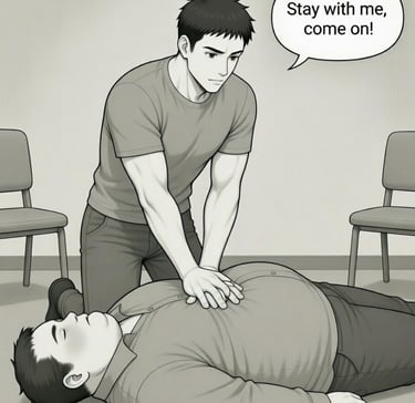 cartoon male sex worker doing cpr on male client laying on floor 