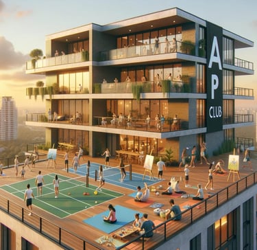 Apartment's image with a lot of people exercising and playing