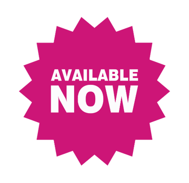 An eighteen point deep pink star with white text that says Available Now