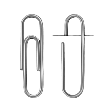 A pair of silver metal paperclips side-by-side on a black background for office stationery.