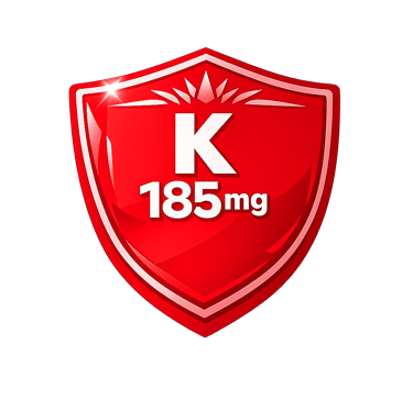 Red glossy shield icon showing 185mg of Vitamin K supplement dosage for health protection.