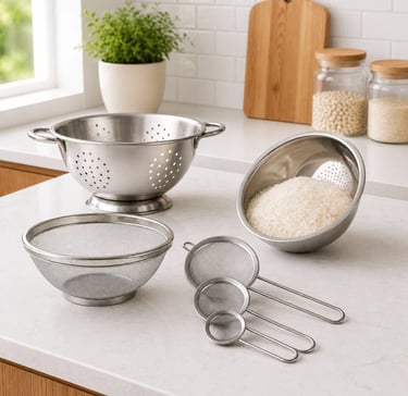 Kit 4 peças Escorredor De Arroz + Escorredor De Macarrão + Escorredor telado + 3 Peneiras