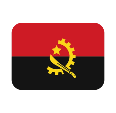 The national flag of Angola featuring a yellow machete, gear, and star on a red and black background.