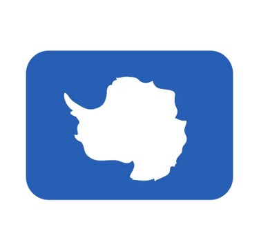 A blue icon featuring a white silhouette map of the Antarctica continent.