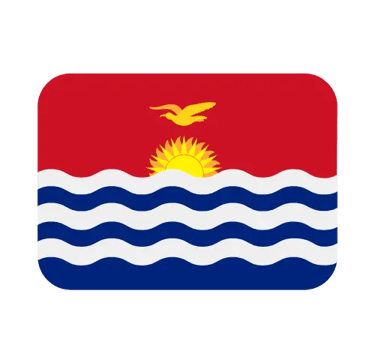 The national flag of Kiribati featuring a frigate bird flying over a rising sun and blue and white ocean waves.
