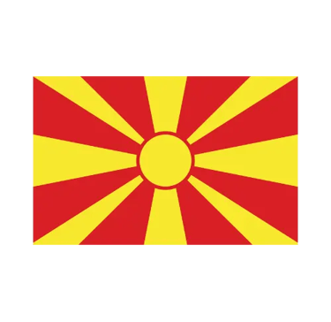 The national flag of North Macedonia featuring a yellow sun with eight rays on a red field.