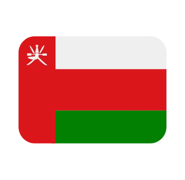 The national flag of Oman with rounded corners featuring red, white, and green stripes and the national emblem.