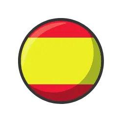 Circular glossy icon of the Spain national flag with red and yellow horizontal stripes.