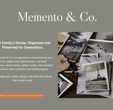 screenshot of mementoandco.com website homepage in grey and white with photos on it