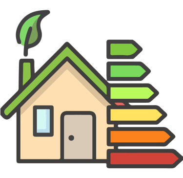 a house with a green roof and a house with arrows pointing to the house