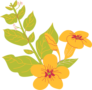 Stylized picture of a trumpet vine with a green stem, 2 yellow blooms with red highlights