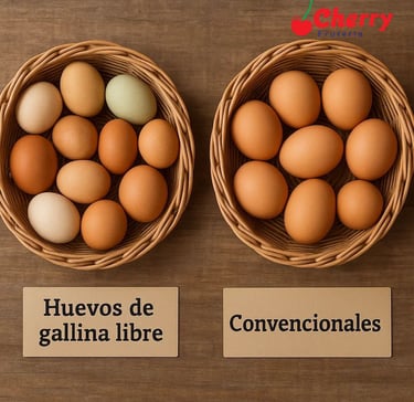 Canasta con huevos de gallina libre (variados) y otra con convencionales (uniformes).