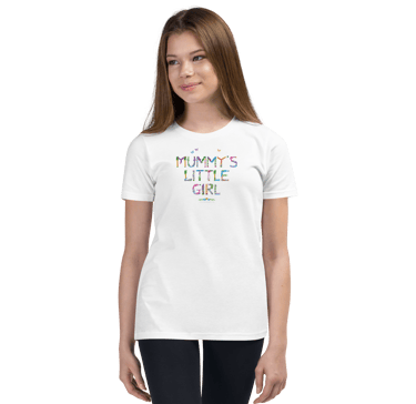 A white tshirt with Mummys Little Girl printed on in tropical exotic wordart
