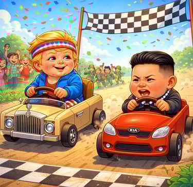 trump vs Kim in pedal cars racing at the finish line