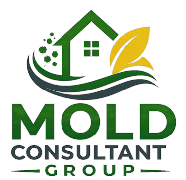 Logo for Mold Consultant Group featuring a green house icon with leaves on a black background.