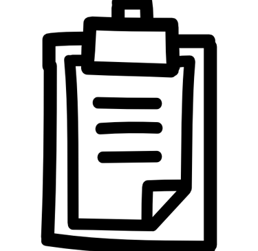 Black and white icon of a clipboard with a paper and three horizontal lines representing text.