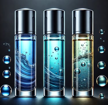three different types of perfumes in different colors