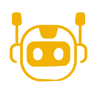 Yellow minimalist robot head icon with antennas and a digital face on a black background.