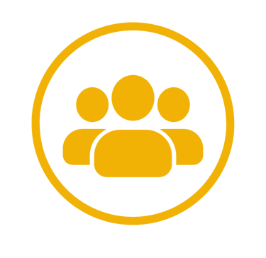 Yellow group of people icon inside a circle representing teamwork and community on a black background.