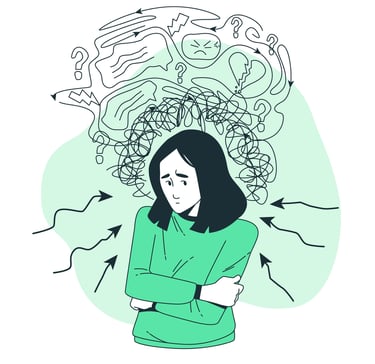 a woman with a head full of a messy thoughts