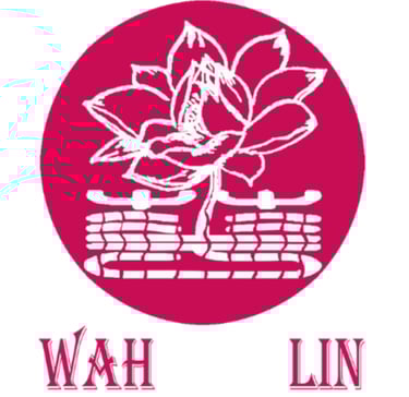 Pink circular logo for Wah Lin featuring a white line art lotus flower illustration.