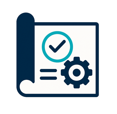 Ícone de blueprint e checkmark representando verificação das instalações conforme normas e especific