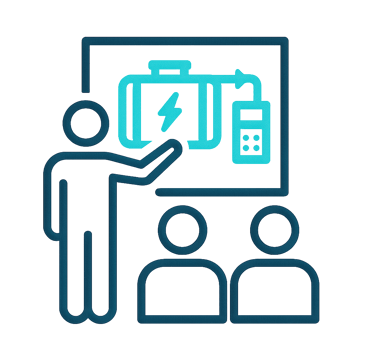 Ícone de instrutor com engenheiros simbolizando aprimoramento técnico e transferência de conheciment