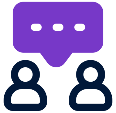 a purple and black icon with two people and a talking blurb