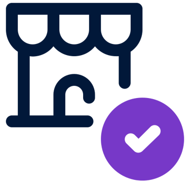 an icon with an image of a warehouse and a purple check mark mark