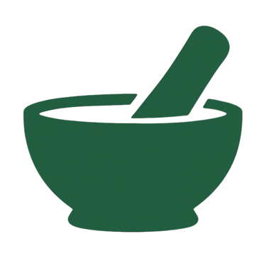 Green icon of mortar and pestle symbolizing Ayurvedic medicines.