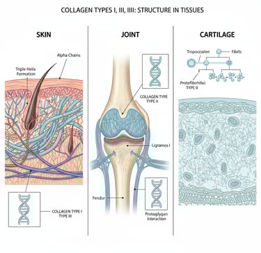 Illustration of Type I, II, and III collagen locations and structures in skin, joints, and blood ves