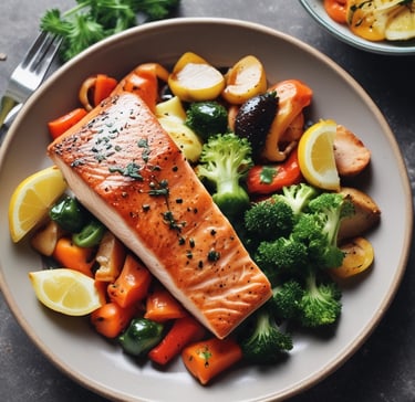 Close-up of a colorful plate featuring seasonal vegetables and grilled fish.