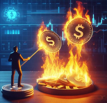 A burning flame with $VSTM tokens being reduced in number, signifying the token burn process