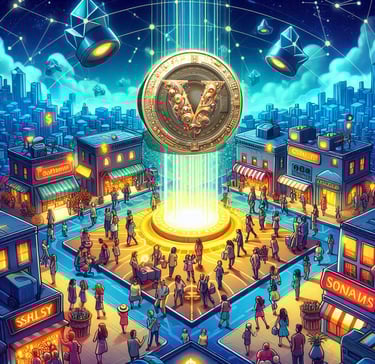 A marketplace with $VSTM tokens being exchanged frequently, depicting high activity