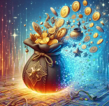 A magical sack overflowing with $VSTM tokens and sparkles, representing accumulated rewards