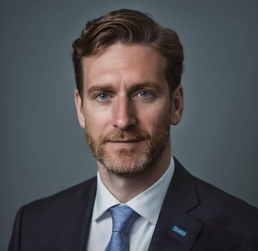 a man in a suit and tie with a blue tie