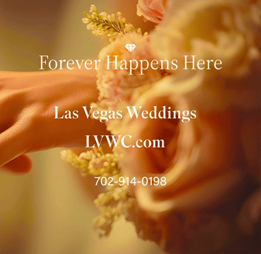 Las Vegas Weddings promotion featuring a soft focus bridal bouquet with peach roses.