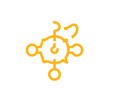 Yellow abstract icon showing a central circle with radiating nodes and hooks on a black background.
