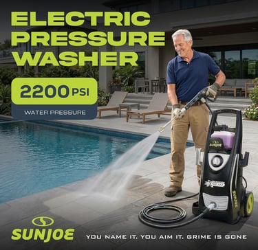 A man using a Sun Joe 2200 PSI electric pressure washer to clean a stone pool deck.