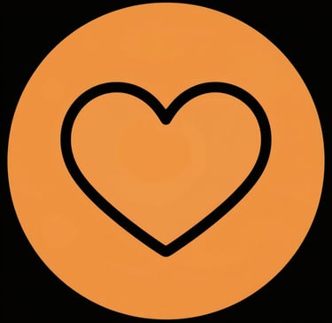 Black heart icon outlined on a orange circular background for digital social media likes.