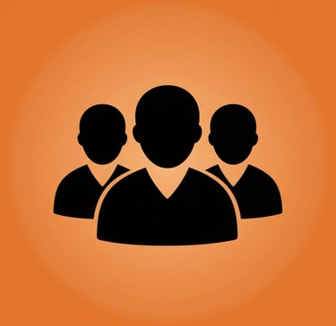 Black minimalist community icon representing people or users on a orange circular background.