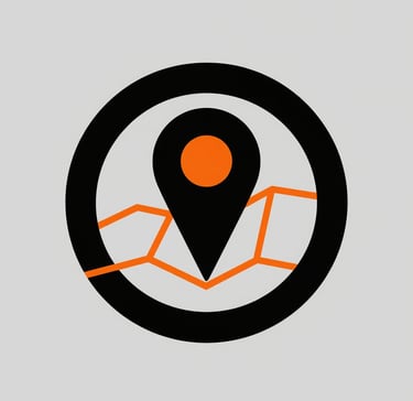 Minimalist black orange map icon with a location pin inside a black circle.