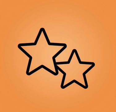 Two black outlined stars icon on a orangecircle background, symbolizing a rating or favorite system.