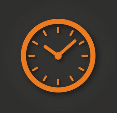 A orange clock icon on a dark circular background representing time management and scheduling.