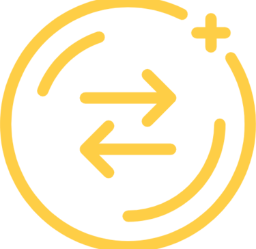 Yellow transfer icon with horizontal exchange arrows and a plus sign inside a circular border.