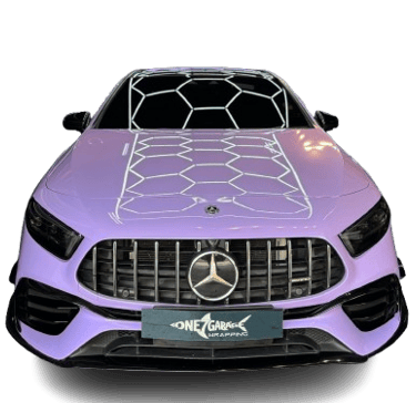 Mercedes AMG A-Class wrapped in satin lilac purple vinyl finish