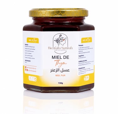 A 150g jar of Bienfaits Sunnah pure thyme honey (Miel de Thym) with a gold lid.